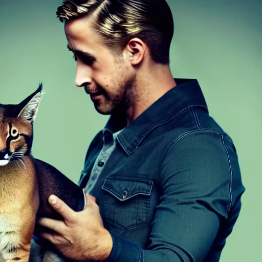 Image similar to Ryan Gosling holds a caracal cat in his hands, ultra highly detailed, smooth, sharp focus, elegant, artstation