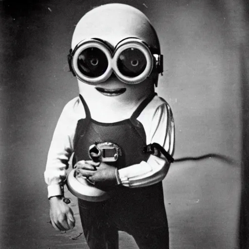 Prompt: old creepy black and white photograph of a minion in deep sea diving gear