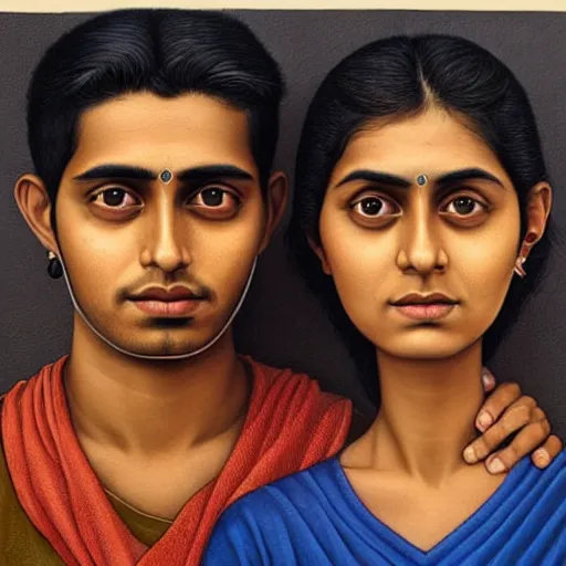 Prompt: perfectly centered symmetrical split male and female portrait of young indian man and woman in love sharing one heart. illustration, highly detailed, simple, no jagged lines, smooth, artstation, artwork by mike worrall