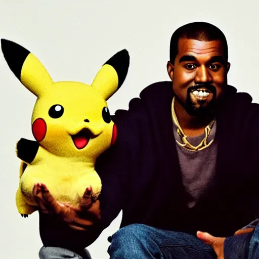 Image similar to kanye west smiling holding pikachu for a 1 9 9 0 s sitcom tv show, studio photograph, portrait c 1 2. 0