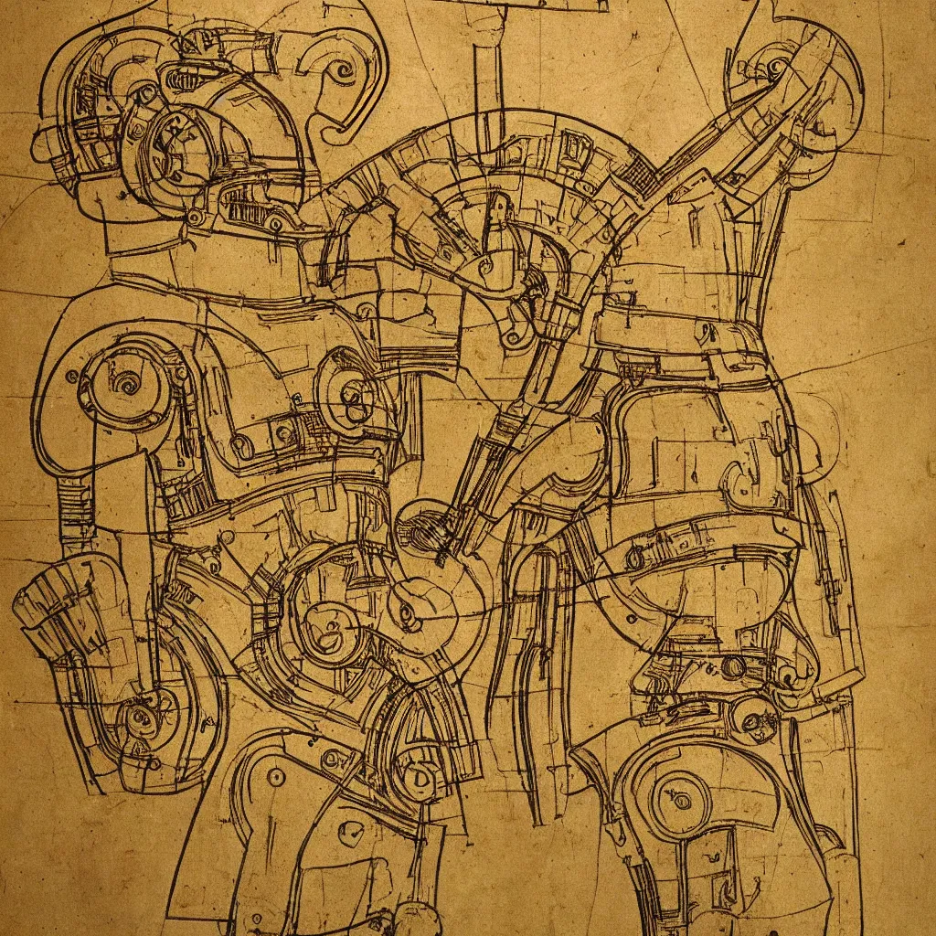 Image similar to c 3 po design schematic by leonardo da vinci, very detailed