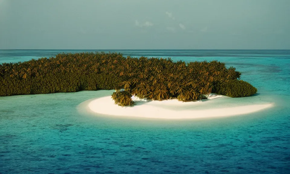 Image similar to 35mm film still, morning light over an island in the maldives, color palette of gold