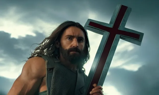 Image similar to jesus christ fighting alongside the avengers, using his cross as weapon, photorealistic, cinematic lighting, extremely detailed, marvel cinematic universe