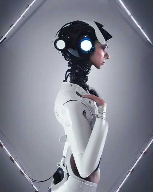 Prompt: 3 / 4 portrait photo of sensual indian girl as a cyberpunk mecha humanoid robotic head shoulder parts with straight bright led lights, inside white room, ultra - realistic and detailed, 8 k