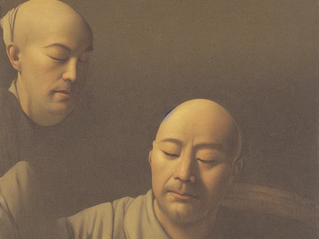 Image similar to close up portrait of a head of a man in zen meditation. painting by georges de la tour