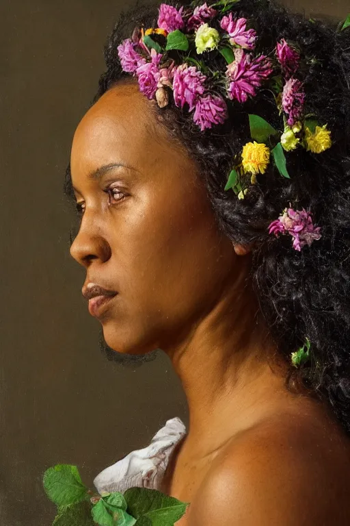 Image similar to an African American woman's face in profile, long dark hair, made of flowers and fruit, in the style of the Dutch masters and Gregory crewdson, dark and moody