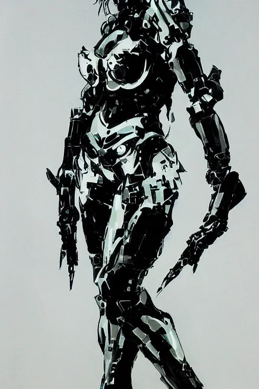 Image similar to full body girl metal armor painting by yoji shinkawa