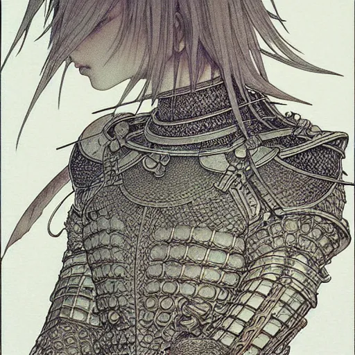 Prompt: prompt: Fragile looking vessel portrait soft light drawn by Takato Yamamoto, inspired by Fables, ancient chrome shiny knight armor, magical and alchemical weapons, soft light, white background, intricate detail, intricate oil painting detail, sharp high detail, manga and anime 2000