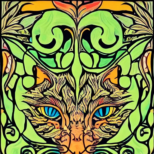 Image similar to colourful green man cat by walter crane and william morris, 8 k, artstation