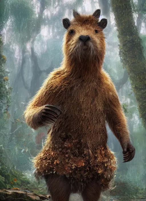 Prompt: detailed full body concept art illustration soft focus oil painting on canvas of an anthropomorphic capybara druid in full intricate clothing, biomutant, dystopian, micro detail, octane render, 4K