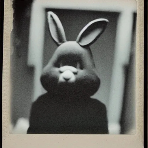 Prompt: Haunted terrifying humanoid rabbit captured on grainy polaroid