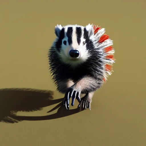 Image similar to a humanoid friendly badger on white background, he‘s running towards the camera, he‘s wearing a very small red neckerchief, digital render