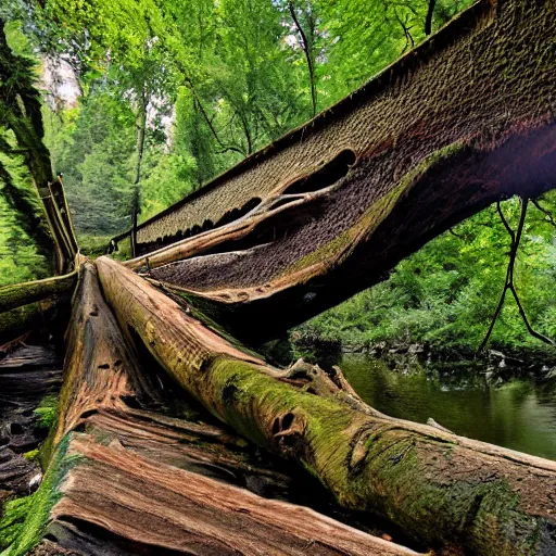 Prompt: a gigantic fallen tree acting as a bridge across a gorge, national geographic