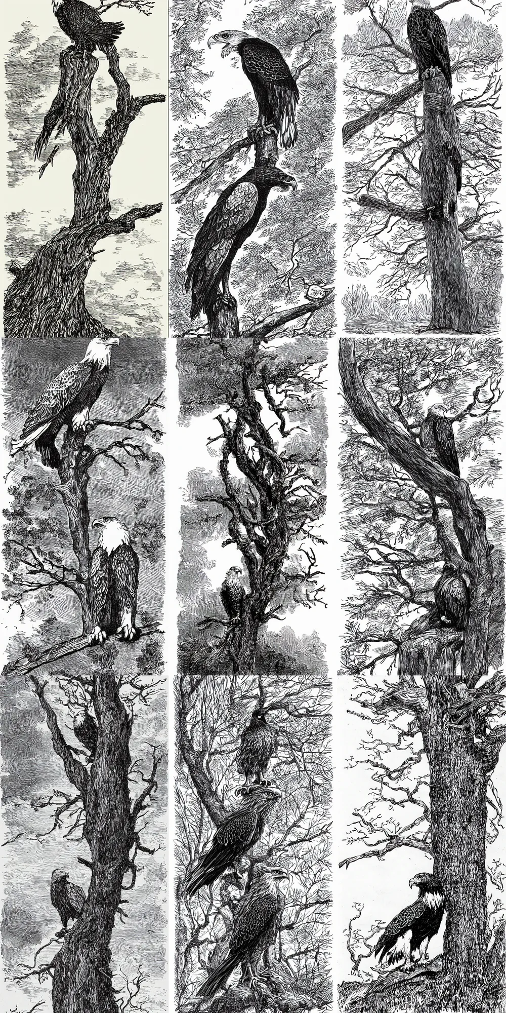 Prompt: eagle standing alone on a tree branch, by Dore, black and white, line art, pen & ink drawing, character concept