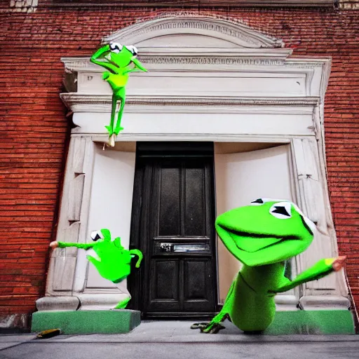 Image similar to street photography picture of kermit the frog sleeping in the doorway of an oppressive evil building. fugifilm 4 k