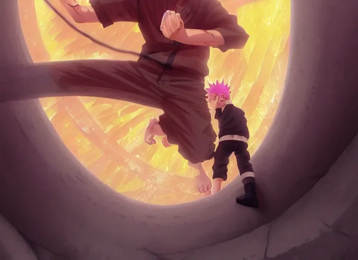 Image similar to highly detailed portrait of naruto uzumaki with black hair punching a wal behind bars in prison, unreal engine, fantasy art by greg rutkowski, loish, rhads, ferdinand knab, makoto shinkai and lois van baarle, ilya kuvshinov, rossdraws, tom bagshaw, global illumination, radiant light, detailed and intricate environment