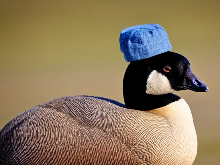 Image similar to Canadian Goose with a funny hat, Portrait Photo, Photorealistic, 100mm lens, out of focus