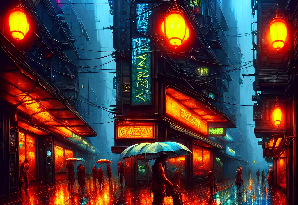 Image similar to a highly detailed rainy bazaar street in a cyberpunk megacity, amazing cyberpunk digital painting, by gerald brom, brom digital art, intricate details, ultra realistic, beautiful art, volumetric lighting, ultrarealistic, by art germ, by brom, trending cgsociety, artstation, bladerunner theme, by anato finnstark 8 k