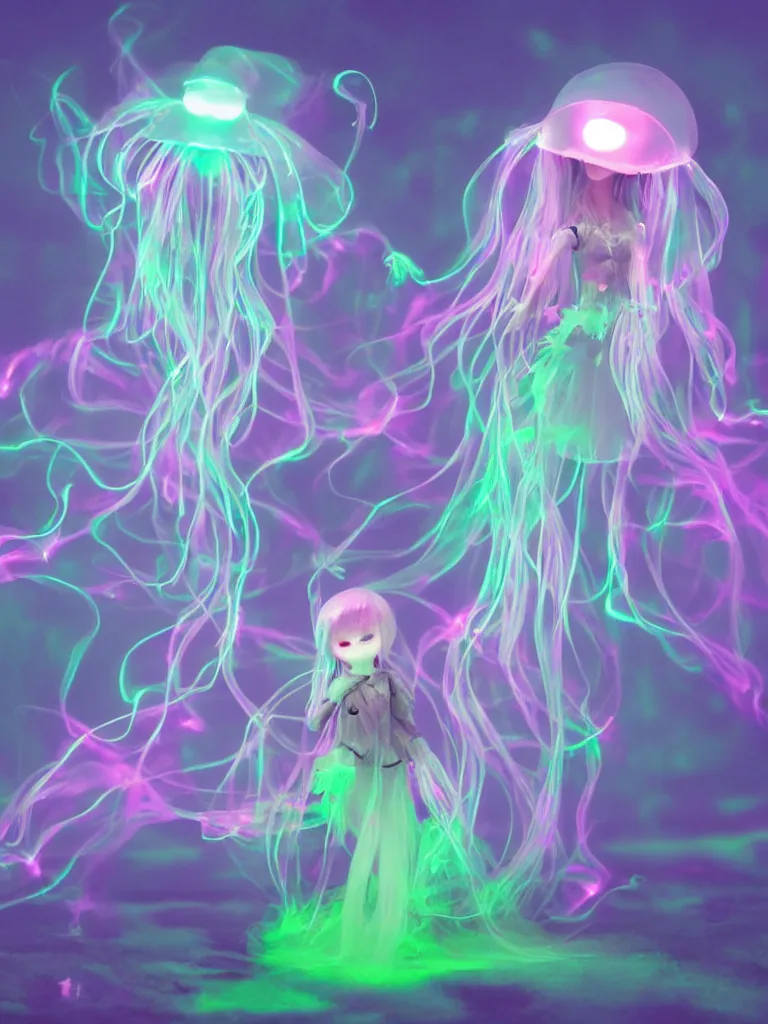 Image similar to cute fumo plush smiling ectoplasmic gothic jellyfish ghost girl, dancing on a foggy riverbank, glowing pink wisps of hazy green smoke, glowing lens flare, refraction, vray