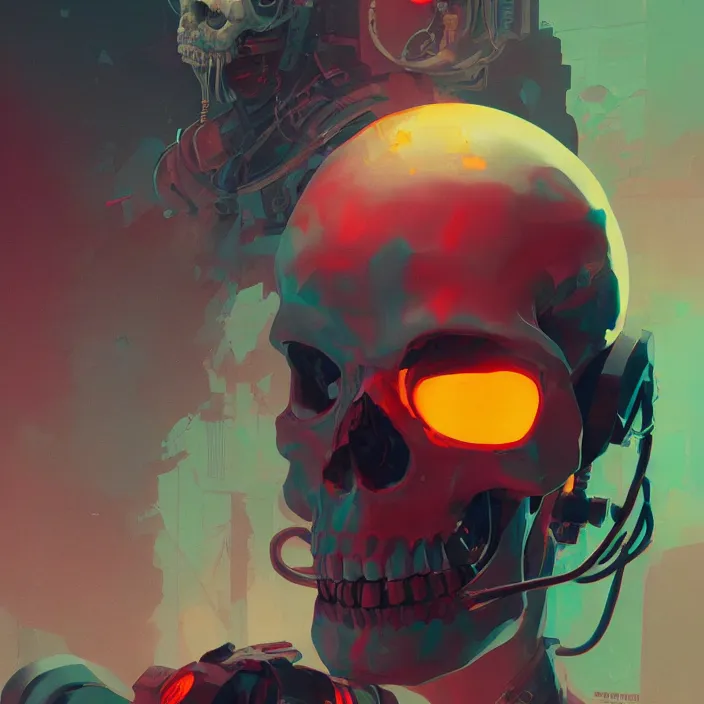 Image similar to a colorful comic noir illustration painting of a cyberpunk skull by sachin teng and sergey kolesov and ruan jia and heng z. graffiti art, sci fi, hyper detailed. octane render. trending on artstation