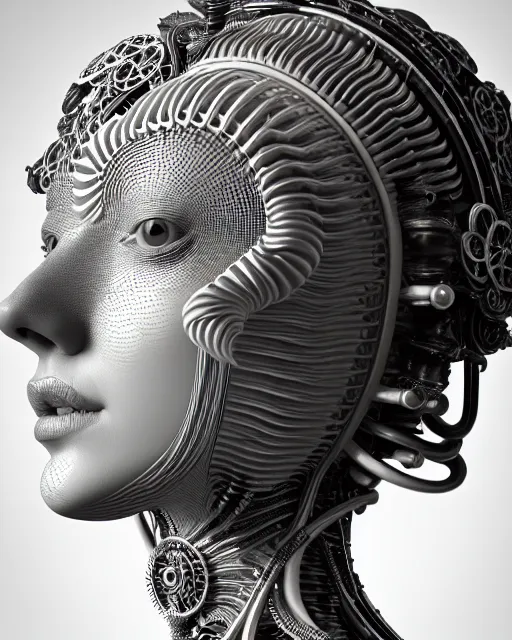 Image similar to mythical black and white organic bio-mechanical spinal ribbed profile face portrait detail of silver mechanical beautiful female angelic-vegetal-cyborg, highly detailed, intricate steampunk ornate, poetic, 3D render, digital art, octane render, 8K artistic photography, photo-realistic, by Dora Maar