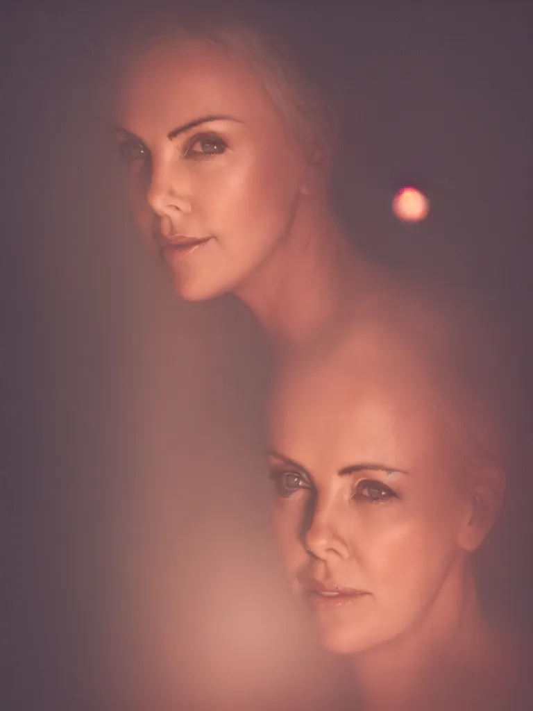 Prompt: photograph of Charlize Theron illuminated by red light , night , 85 mm f1.4