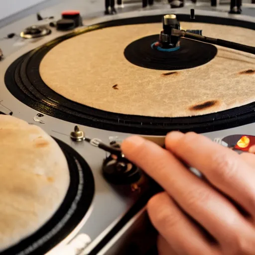 Prompt: a disc jockey is scratching with one hand on a turntable that has an Israeli pita bread on it, the turntable’s needle is also on the pita, wide shot