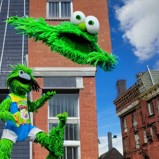 Image similar to oscar the grouch ascends to heaven, photo from sesame street