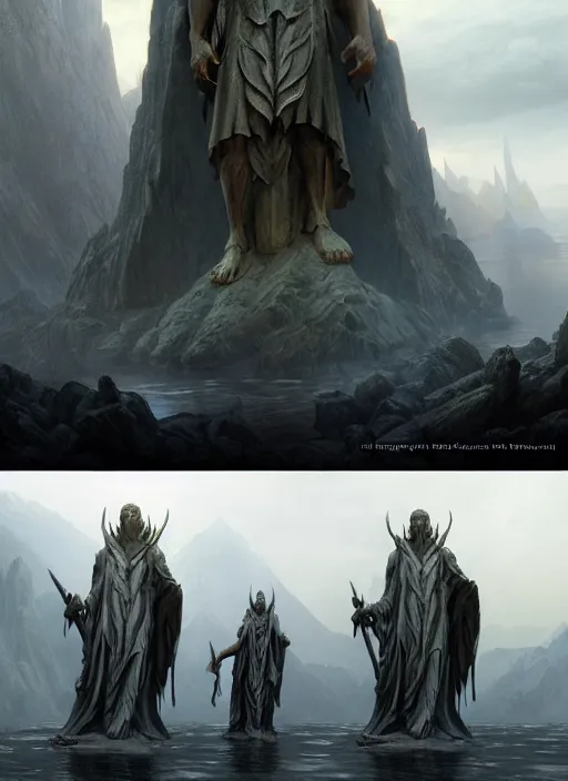 Image similar to the statues of argonath, epic fantasy horror digital matte painting by steve henderson and mark brooks ( and greg rutkowski ), extremely detailed, artstation