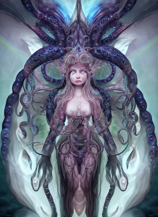 Image similar to A full shot of a cute magical monster girl wearing a dress made of opals and tentacles. Creepy Pasta. Fully Clothed. F1.4. Symmetrical. Dark Smoke and VFX. Caustics refraction. Prism light. Demon Horns, Angel Wings, defined facial features, symmetrical facial features. By Giger and Ruan Jia and Artgerm and Range Murata and WLOP and William-Adolphe Bouguereau and Loish. Pipe Like shapes. Bones.. Lisa Frank Inspired. Key Art. Fantasy Illustration. award winning, Artstation, intricate details, realistic, Hyperdetailed, 8k resolution. 3D Render.