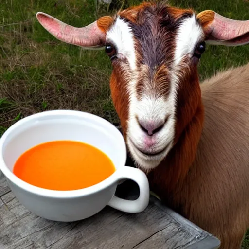 Prompt: goats love goats in a mug, milk way, carrot soup, award - winning