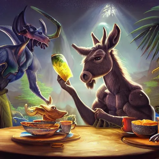 Prompt: ultrarealistic, ultradetailed, donkey eating breakfast, sitting on a futuristic table with aliens, at the end of the universe, very very very ultradetailed, epic fantasy style art, fantasy epic digital art, epic fantasy art, hearthstone style art