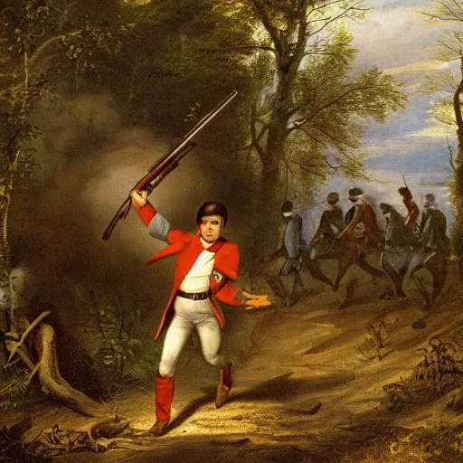 Image similar to 4 k photo of davy crockett running through woods with a flintlock