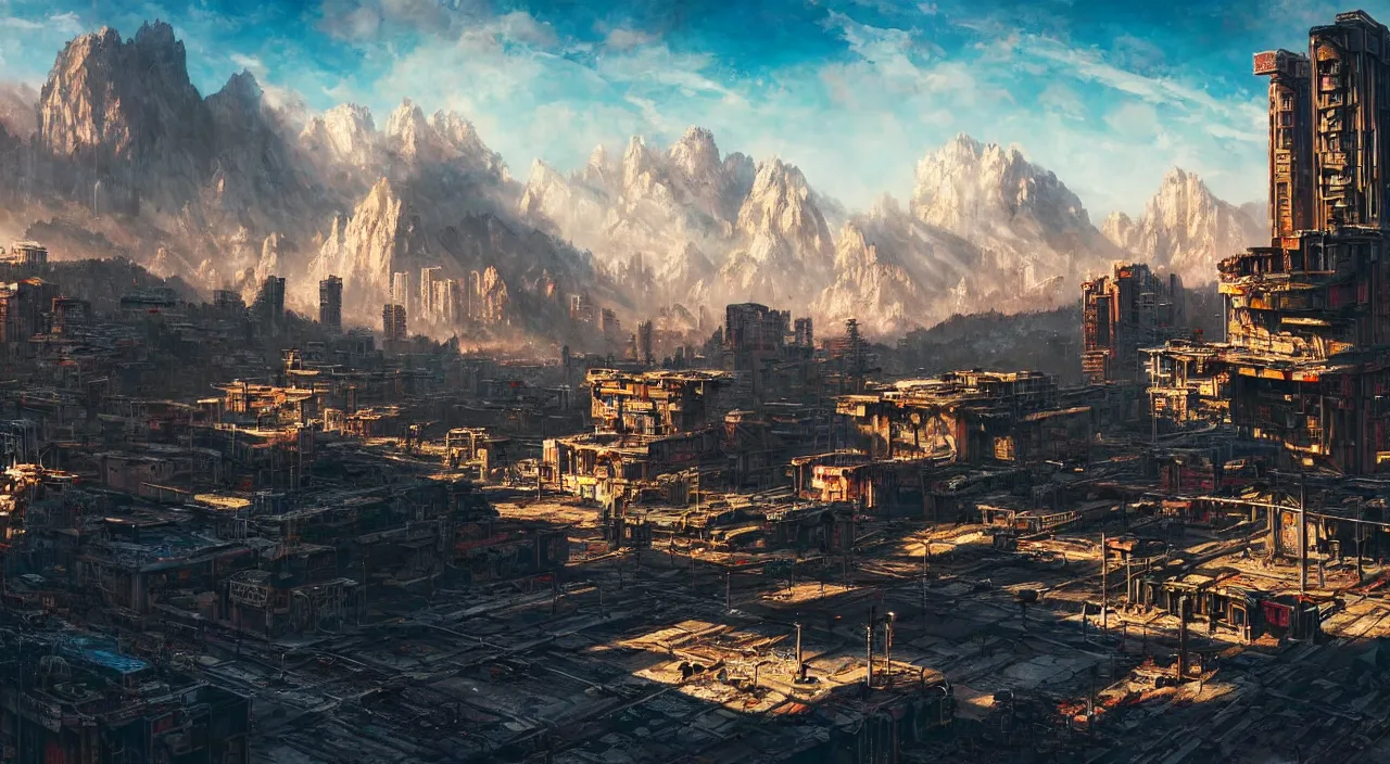 Image similar to dystopian cyberpunk city under kashmir mountains, red lights, hill valley grec greeble glory island little wood bridge, painting of tower ivy plant, in marble, late afternoon light, wispy clouds in a blue sky, by frank lloyd wright and greg rutkowski and ruan jia