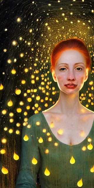 Image similar to a totally amazed smiling fit woman surrounded by golden firefly lights in a mesmerizing scene, sitting amidst nature fully covered! intricate detailed dress, long loose red hair, precise linework, accurate green eyes, small nose with freckles, beautiful smooth oval head, expressive emotions, hyper realistic ultrafine portrait by artemisia gentileschi, jessica rossier, boris vallejo