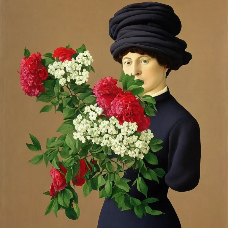 Image similar to portrait of a woman, face hidden by beautiful flower bouquet, by rene magritte, detailed painting, hd, hq, high resolution, high detail, 4 k, 8 k