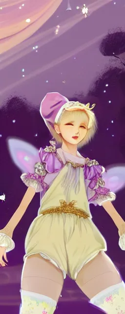 Image similar to Full View of a mysterious kpop fairy maidens with short blond hair wearing an oversized purple Beret, Baggy Purple overall shorts, Short Puffy pants made of silk, silk shoes, a big billowy scarf, Golden Ribbons, white leggings Covered in stars. Short Hair. peasant magic. masterpiece 4k digital illustration by Ruan Jia and Mandy Jurgens and Artgerm and william-adolphe bouguereau, award winning, Artstation, art nouveau aesthetic, Alphonse Mucha background, intricate details, realistic, panoramic view, Hyperdetailed, 8k resolution, intricate art nouveau, smooth, sharp focus