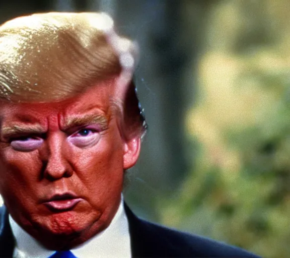 Prompt: color still shot of donald trump on predator 1 9 8 7, face closeup, fighting