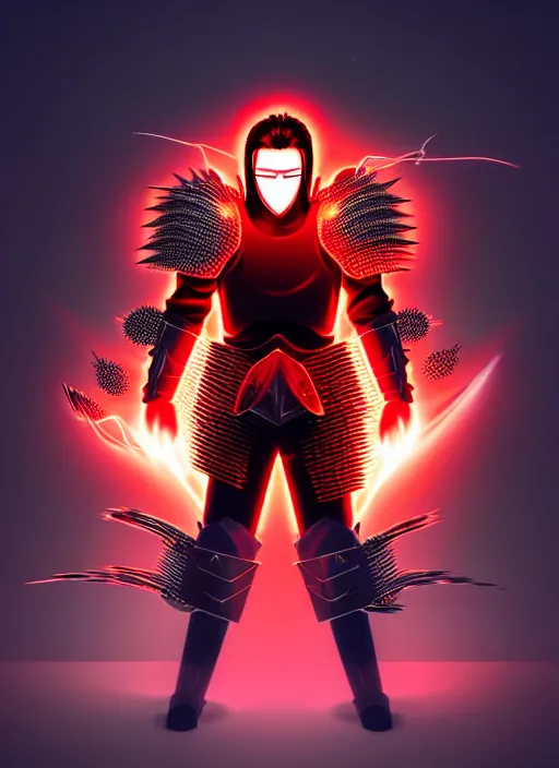 Image similar to a striking cinematic full body manga portrait of a long black haired masked male teenager wearing imposing red jagged spiked plate armour and glowing with raging powerful red energy by hirohiko araki and beeple, fine details, digital art, character concept art, volumetric lighting, cinematic light, photorealistic