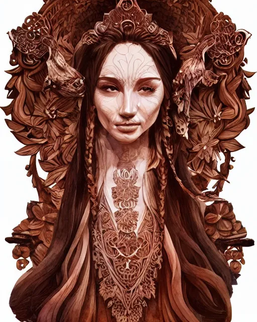 Prompt: watercolor portrait of a nature priestess, carved mahogany floral explosion, intricate carvings, artgerm, artstation