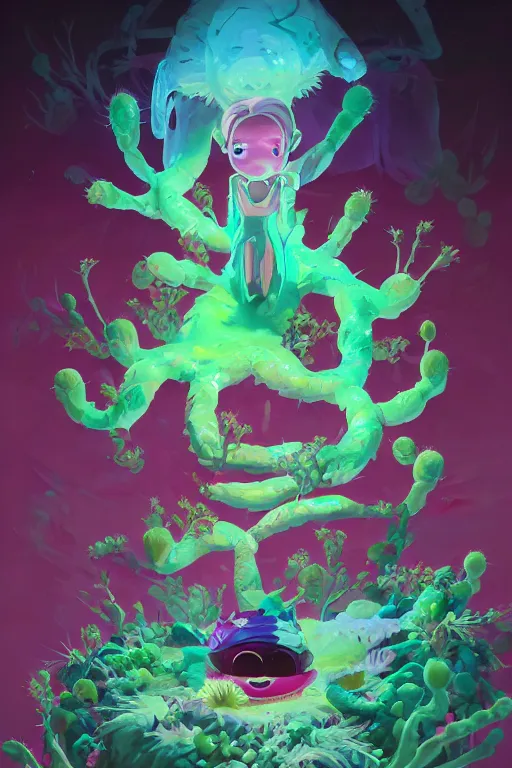 Image similar to roots cactus sushi cristal smurf ghost creature animal sushi cristal very big eye roots cactus elemental flush of force nature micro world fluo fishscale, behance hd by jesper ejsing, by rhads, makoto shinkai and lois van baarle, ilya kuvshinov, rossdraws radiating a glowing aura global illumination ray tracing hdr