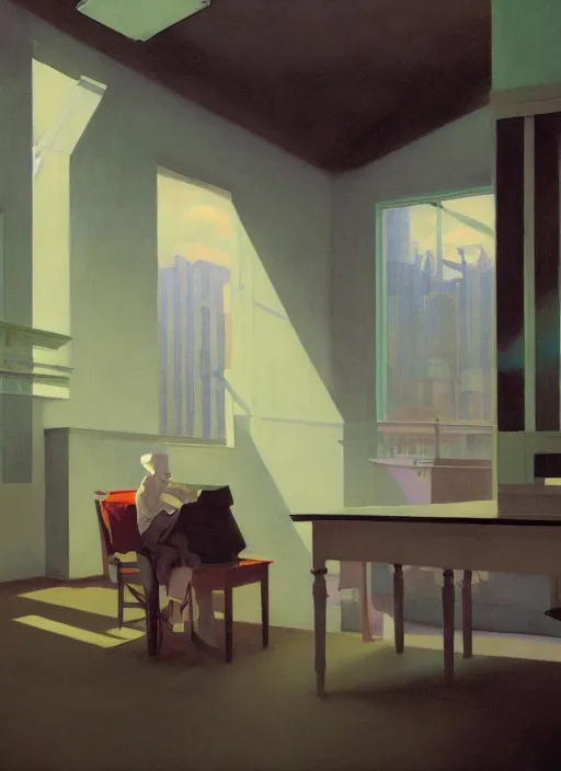 Image similar to time does not exist anymore by edward hopper and james gilleard, zdzislaw beksinski, overgrown vegetation, open ceiling, highly detailed, no white people, painted by francis bacon, painted by james gilleard, airbrush, ilya kuvshinov, wlop, stanley artgerm, very coherent, art by takato yamamoto and james jean