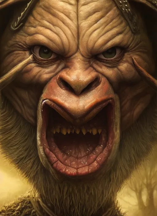 Image similar to highly detailed closeup portrait of an angry medieval goblin, stephen bliss, unreal engine, greg rutkowski, ilya kuvshinov, ross draws, hyung tae and frank frazetta, tom bagshaw, tom whalen, nicoletta ceccoli, mark ryden, earl norem, global illumination, god rays, detailed and intricate environment