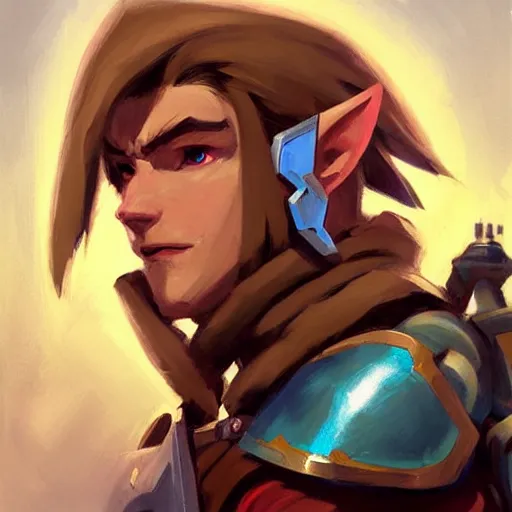 Image similar to greg manchess portrait painting of armored link from legend of zelda as overwatch character, medium shot, asymmetrical, profile picture, organic painting, sunny day, matte painting, bold shapes, hard edges, street art, trending on artstation, by huang guangjian and gil elvgren and sachin teng