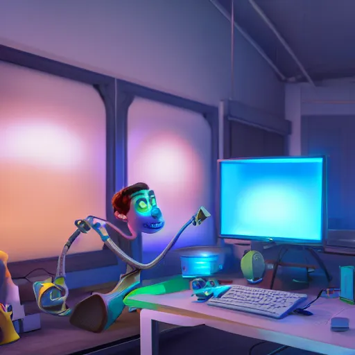 Prompt: Pixar studios depiction of a gamer, global illumination, raytracing, 4K