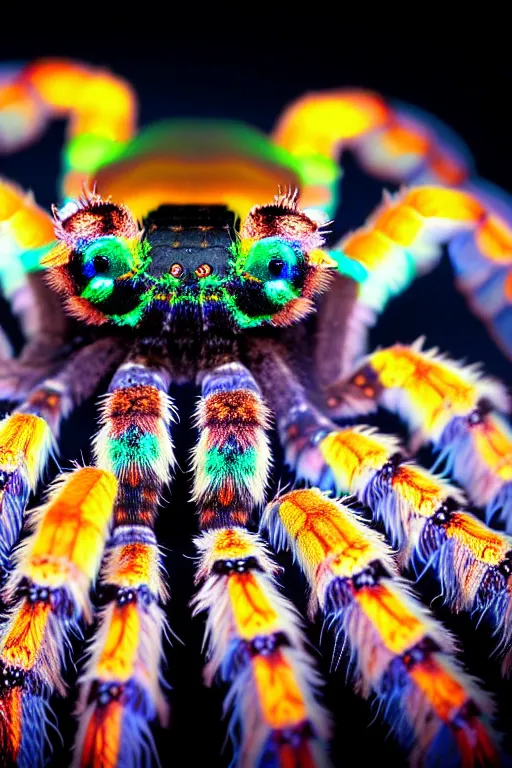 Image similar to high quality macro photo iridescent tarantula! jewelled supercute! highly detailed david ligare elson peter cinematic blue neon lighting high quality low angle hd 8k sharp shallow depth of field