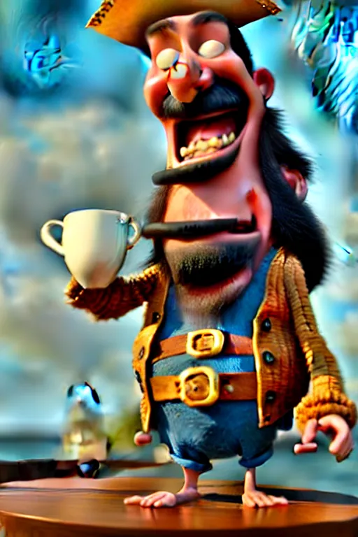 Prompt: the pirate blackbeard very expressive holding a cup of coffee, full body with a pirate ship on background. pixar disney 4 k 3 d render funny animation movie oscar winning trending on artstation and behance. ratatouille style.