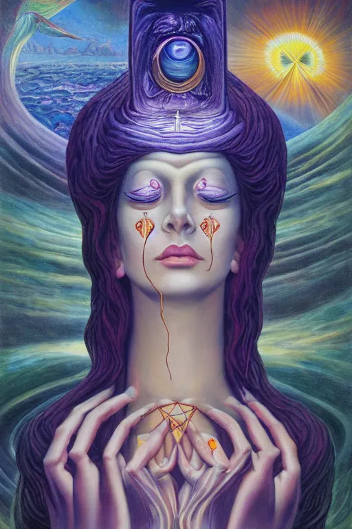 Image similar to mystic cult girl performing realism third eye ritual, expanding energy into waves into the ethos, epic surrealism 8k oil painting, portrait, high definition, post modernist layering, by Ernst Fuchs, Gerald Brom