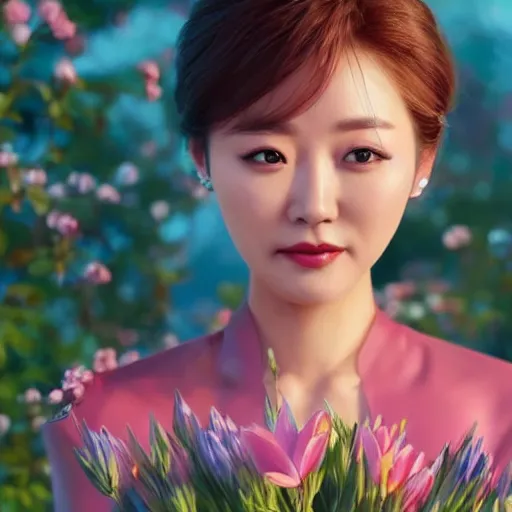 Prompt: portrait of hong jin - young, 홍진영, smiling with flowers in hands. sharp focus, cinematic pose, cinematic lighting, unreal engine render. art by josan gonzales and moebius and deathburger.