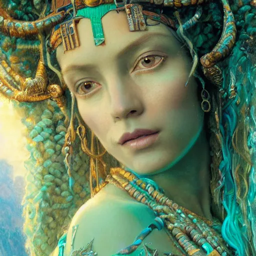 Image similar to octane render, artstation, 8 k, intricate detail, hyper detail, portrait by gaston bussiere, greg rutkowski, sandro botticelli, tan lady of elche egyptian sumerian techno mystic goddess princess intergalactica inanna with aqua neon rapunzel dreadlocks,